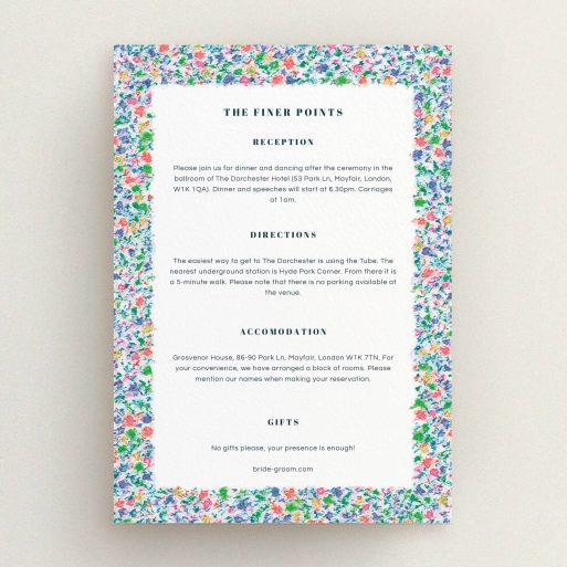 Wedding Information Sheet Design - "The faraway garden" A wedding information sheet template titled "The faraway garden". It is an A5 card in a portrait orientation. "The faraway garden" is available as a flat card, with mainly blue colouring.