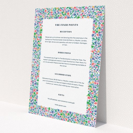 A wedding information sheet template titled 'The faraway garden'. It is an A5 card in a portrait orientation. 'The faraway garden' is available as a flat card, with mainly blue colouring.
