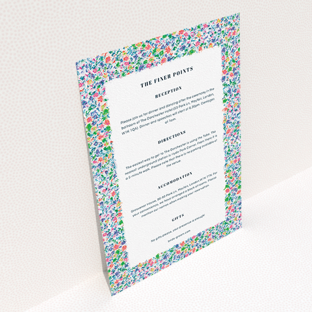 A wedding information sheet template titled "The faraway garden". It is an A5 card in a portrait orientation. "The faraway garden" is available as a flat card, with mainly blue colouring.