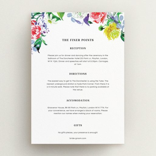 Wedding Information Sheet Design - "The flowerbed" A wedding information sheet called "The flowerbed". It is an A5 card in a portrait orientation. "The flowerbed" is available as a flat card, with tones of white and red.