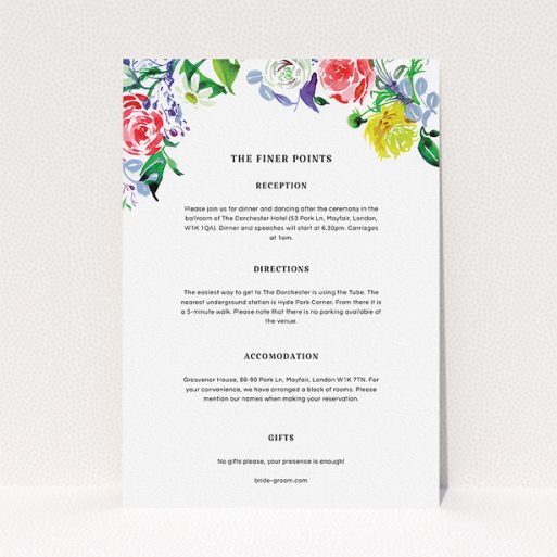 A wedding information sheet called "The flowerbed". It is an A5 card in a portrait orientation. "The flowerbed" is available as a flat card, with tones of white and red.