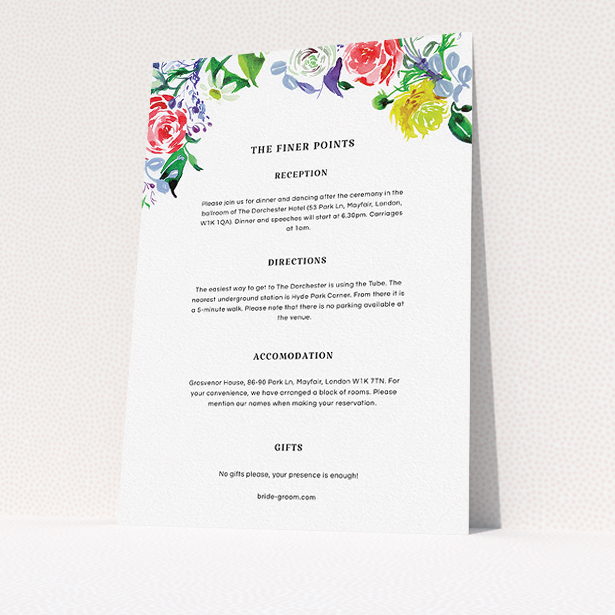 A wedding information sheet called "The flowerbed". It is an A5 card in a portrait orientation. "The flowerbed" is available as a flat card, with tones of white and red.