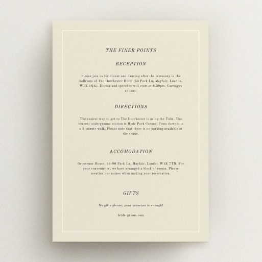 Wedding Information Sheet Design - "Three line border" A wedding information sheet named "Three line border". It is an A5 card in a portrait orientation. "Three line border" is available as a flat card, with mainly cream colouring.