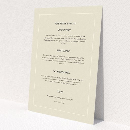 A wedding information sheet named 'Three line border'. It is an A5 card in a portrait orientation. 'Three line border' is available as a flat card, with mainly cream colouring.