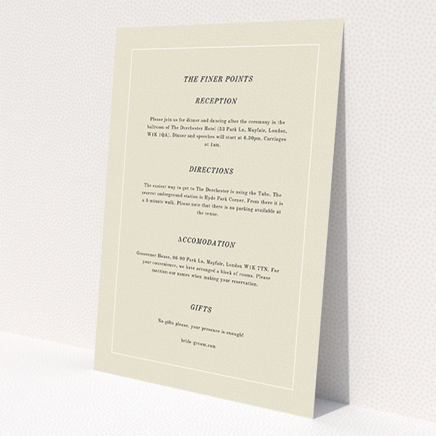 A wedding information sheet named "Three line border". It is an A5 card in a portrait orientation. "Three line border" is available as a flat card, with mainly cream colouring.