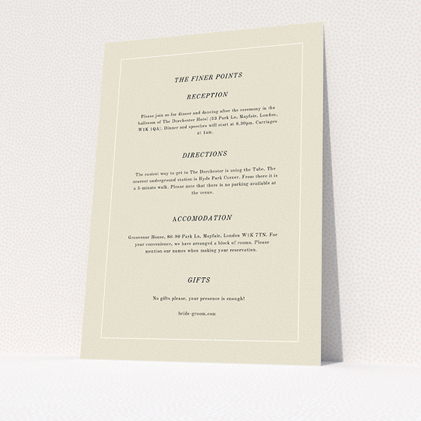 A wedding information sheet named "Three line border". It is an A5 card in a portrait orientation. "Three line border" is available as a flat card, with mainly cream colouring.
