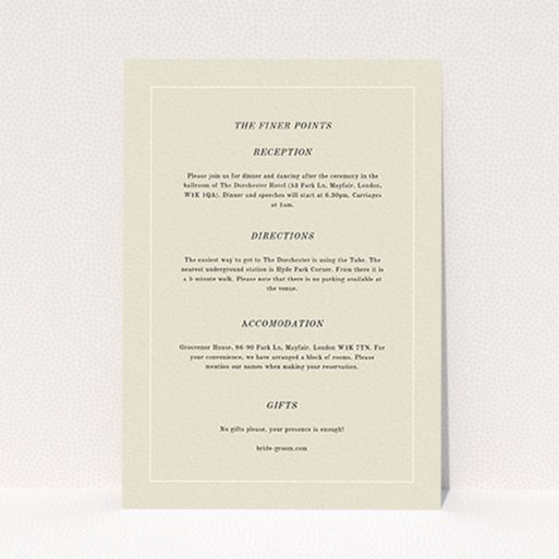 A wedding information sheet template titled "Three line border". It is an A6 card in a portrait orientation. "Three line border" is available as a flat card, with mainly cream colouring.