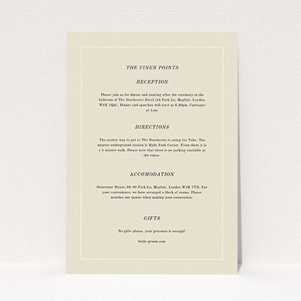 A wedding information sheet template titled "Three line border". It is an A6 card in a portrait orientation. "Three line border" is available as a flat card, with mainly cream colouring.