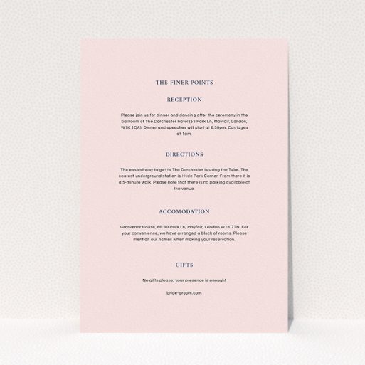 A wedding information sheet design named "To the left". It is an A5 card in a portrait orientation. "To the left" is available as a flat card, with mainly light pink colouring.