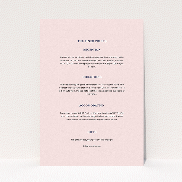 A wedding information sheet design named "To the left". It is an A5 card in a portrait orientation. "To the left" is available as a flat card, with mainly light pink colouring.