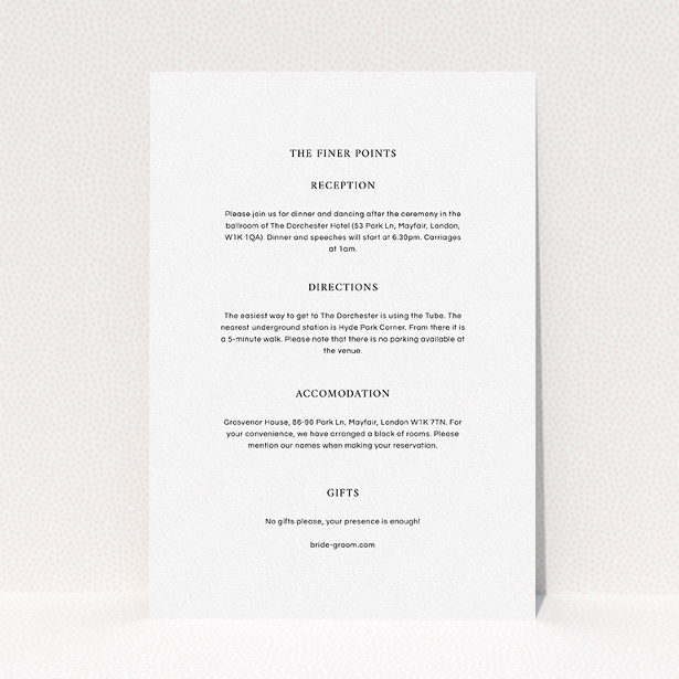 A wedding information sheet design called "To the left". It is an A5 card in a portrait orientation. "To the left" is available as a flat card, with mainly white colouring.