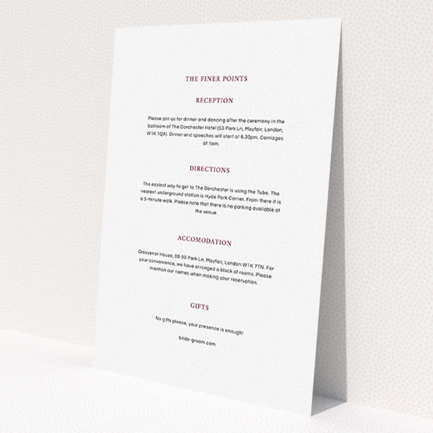 A wedding information sheet called "To the left". It is an A5 card in a portrait orientation. "To the left" is available as a flat card, with mainly white colouring.