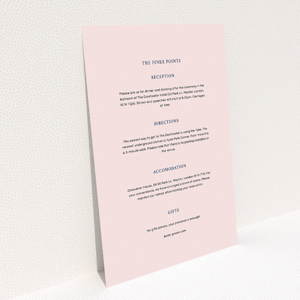 A wedding information sheet design named "To the left". It is an A5 card in a portrait orientation. "To the left" is available as a flat card, with mainly light pink colouring.