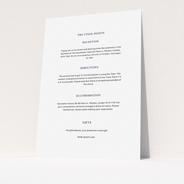 A wedding information sheet design named "To the left". It is an A5 card in a portrait orientation. "To the left" is available as a flat card, with mainly white colouring.