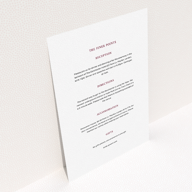 A wedding information sheet called "To the left". It is an A5 card in a portrait orientation. "To the left" is available as a flat card, with mainly white colouring.