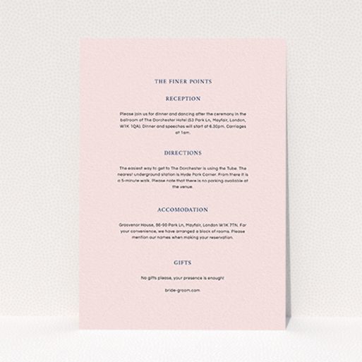 A wedding information sheet design called "To the left". It is an A6 card in a portrait orientation. "To the left" is available as a flat card, with mainly light pink colouring.