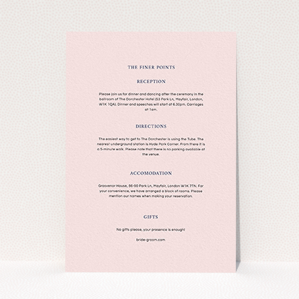 A wedding information sheet design called "To the left". It is an A6 card in a portrait orientation. "To the left" is available as a flat card, with mainly light pink colouring.