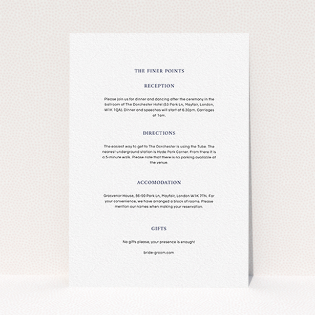 A wedding information sheet called "To the left". It is an A6 card in a portrait orientation. "To the left" is available as a flat card, with mainly white colouring.