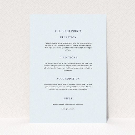 A wedding information sheet design called "To the right". It is an A5 card in a portrait orientation. "To the right" is available as a flat card, with mainly light blue colouring.