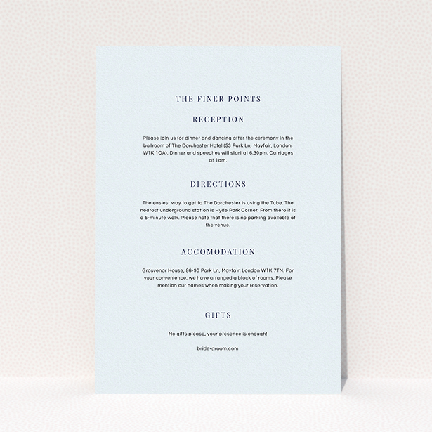 A wedding information sheet design called "To the right". It is an A5 card in a portrait orientation. "To the right" is available as a flat card, with mainly light blue colouring.