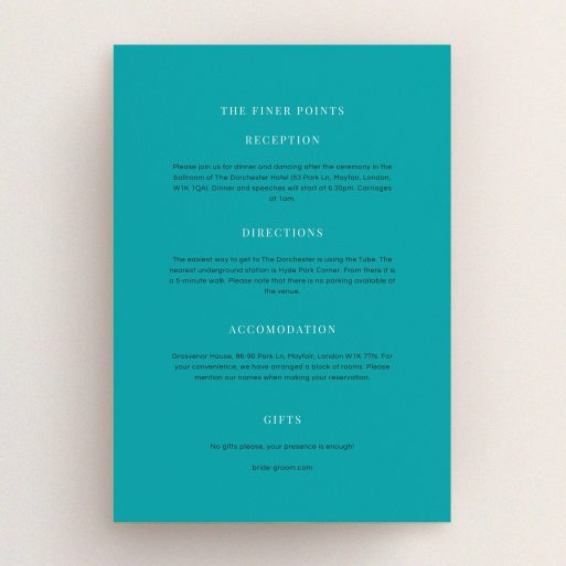 Wedding Information Insert Sheets - To The Right (Green) A wedding information sheet template titled "To the right". It is an A5 card in a portrait orientation. "To the right" is available as a flat card, with tones of teal and white.