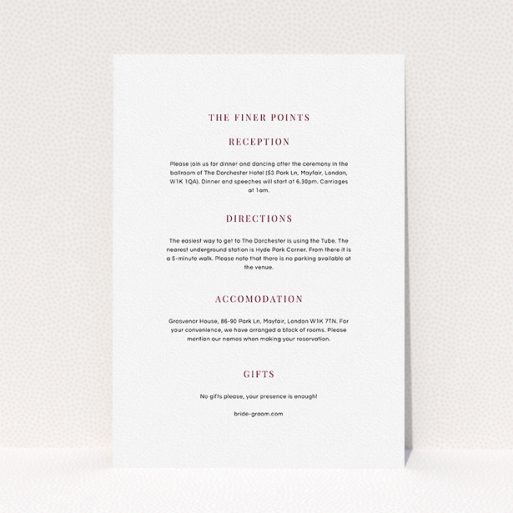 A wedding information sheet design titled "To the right". It is an A5 card in a portrait orientation. "To the right" is available as a flat card, with mainly white colouring.
