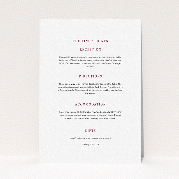 A wedding information sheet design titled "To the right". It is an A5 card in a portrait orientation. "To the right" is available as a flat card, with mainly white colouring.