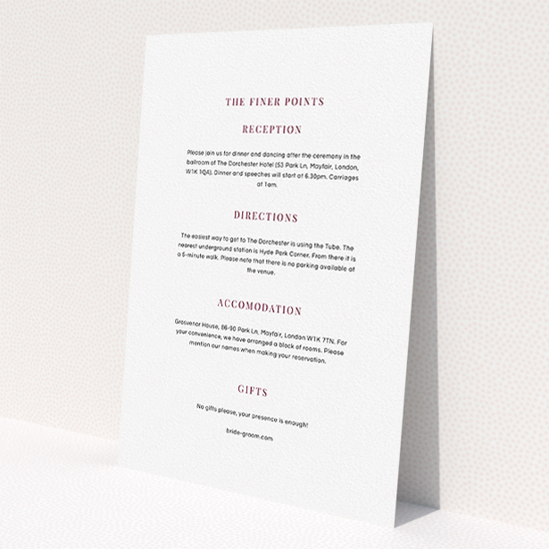 A wedding information sheet design titled 'To the right'. It is an A5 card in a portrait orientation. 'To the right' is available as a flat card, with mainly white colouring.