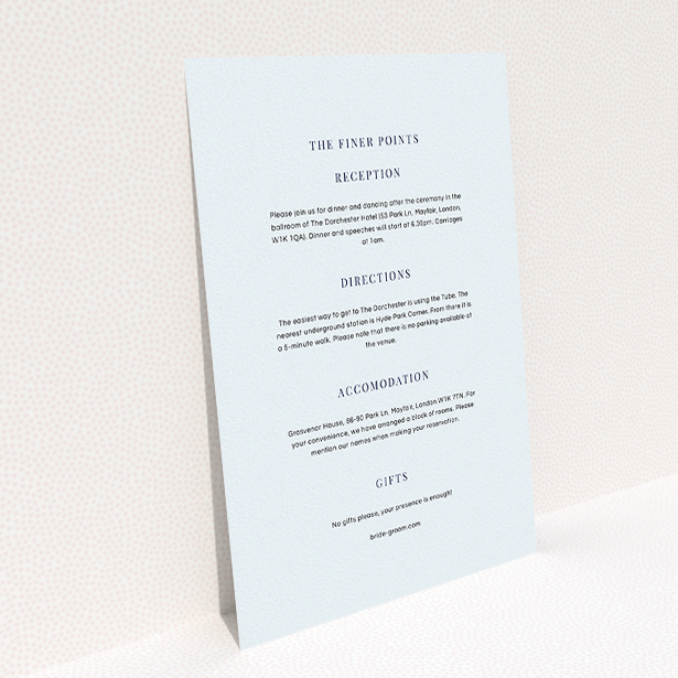 A wedding information sheet design called "To the right". It is an A5 card in a portrait orientation. "To the right" is available as a flat card, with mainly light blue colouring.