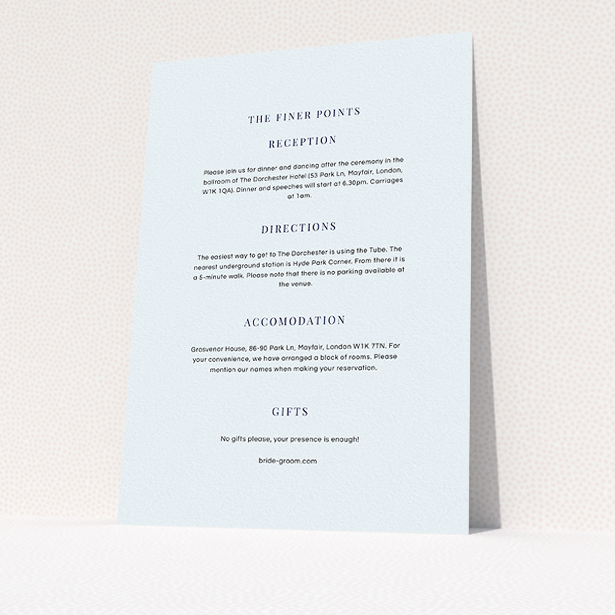 A wedding information sheet design called "To the right". It is an A5 card in a portrait orientation. "To the right" is available as a flat card, with mainly light blue colouring.