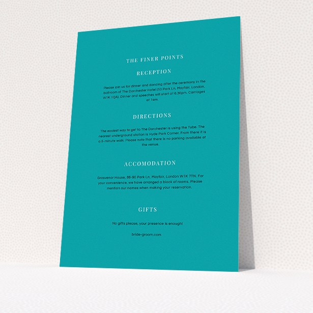 A wedding information sheet template titled "To the right". It is an A5 card in a portrait orientation. "To the right" is available as a flat card, with tones of teal and white.