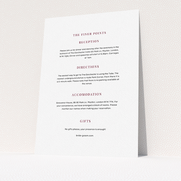 A wedding information sheet design titled "To the right". It is an A5 card in a portrait orientation. "To the right" is available as a flat card, with mainly white colouring.