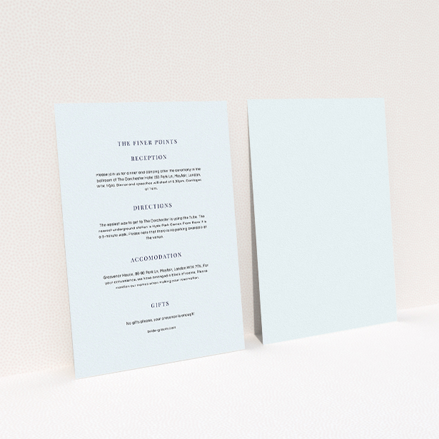 A wedding information sheet design called "To the right". It is an A5 card in a portrait orientation. "To the right" is available as a flat card, with mainly light blue colouring.