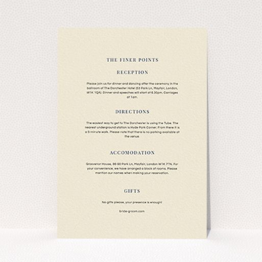 A wedding information sheet design called "To the right". It is an A6 card in a portrait orientation. "To the right" is available as a flat card, with mainly cream colouring.