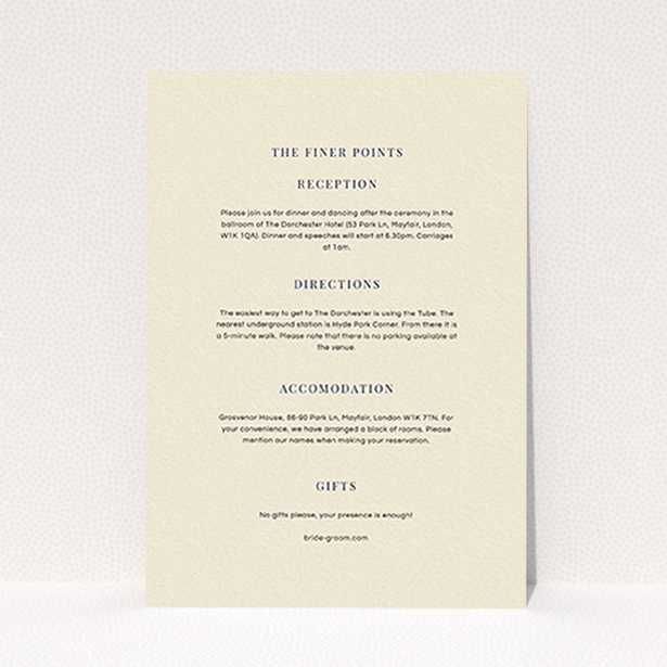 A wedding information sheet design called "To the right". It is an A6 card in a portrait orientation. "To the right" is available as a flat card, with mainly cream colouring.