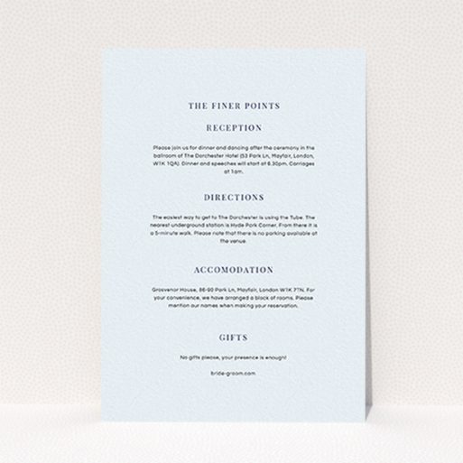 A wedding information sheet design named "To the right". It is an A6 card in a portrait orientation. "To the right" is available as a flat card, with mainly light blue colouring.