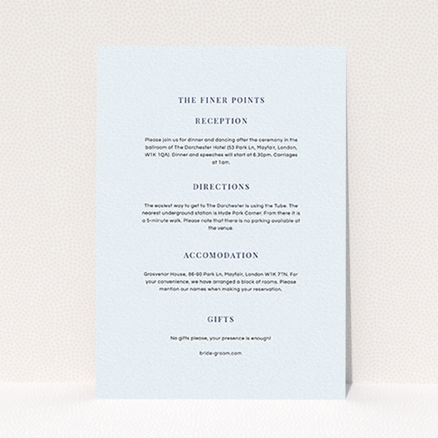 A wedding information sheet design named "To the right". It is an A6 card in a portrait orientation. "To the right" is available as a flat card, with mainly light blue colouring.