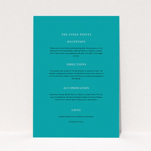 A wedding information sheet called "To the right". It is an A6 card in a portrait orientation. "To the right" is available as a flat card, with tones of teal and white.