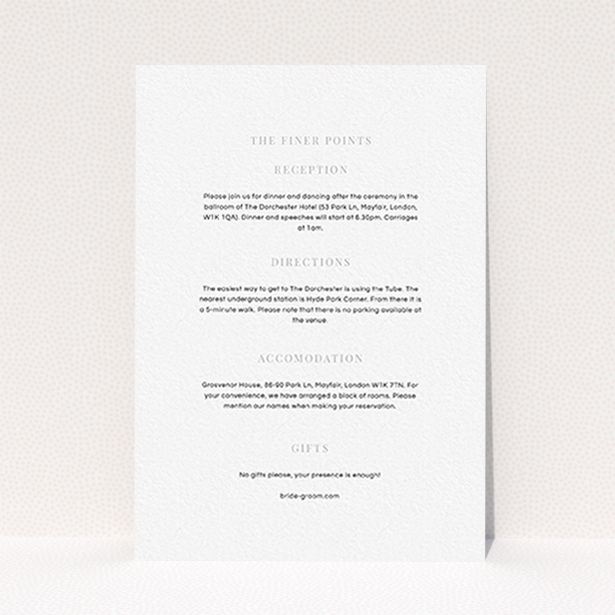 A wedding information sheet design named "To the right". It is an A6 card in a portrait orientation. "To the right" is available as a flat card, with mainly white colouring.