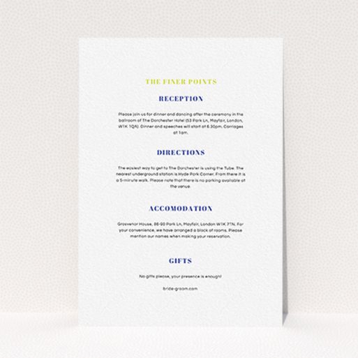 A wedding information sheet design named "Top line". It is an A6 card in a portrait orientation. "Top line" is available as a flat card, with mainly white colouring.