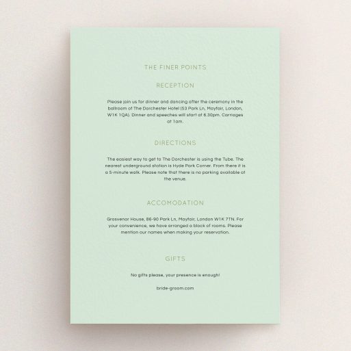 Wedding Information Sheet Design - "Turquoise polkadots" A wedding information sheet called "Turquoise polkadots". It is an A5 card in a portrait orientation. "Turquoise polkadots" is available as a flat card, with mainly green colouring.