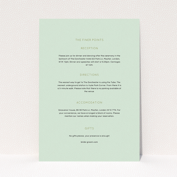 A wedding information sheet called "Turquoise polkadots". It is an A5 card in a portrait orientation. "Turquoise polkadots" is available as a flat card, with mainly green colouring.