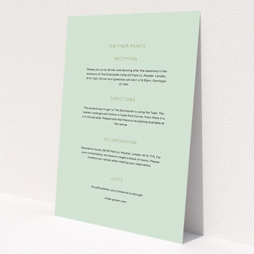A wedding information sheet called 'Turquoise polkadots'. It is an A5 card in a portrait orientation. 'Turquoise polkadots' is available as a flat card, with mainly green colouring.