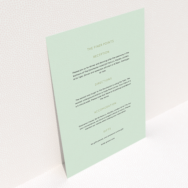A wedding information sheet called "Turquoise polkadots". It is an A5 card in a portrait orientation. "Turquoise polkadots" is available as a flat card, with mainly green colouring.