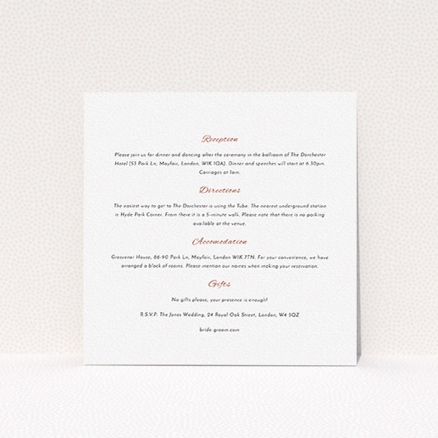 A wedding information sheet design named "Two little ducks". It is a square (148mm x 148mm) card in a square orientation. "Two little ducks" is available as a flat card, with mainly white colouring.