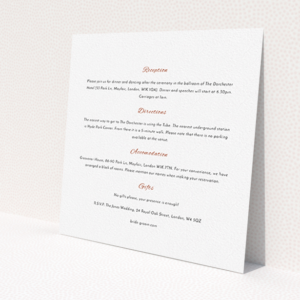 A wedding information sheet design named "Two little ducks". It is a square (148mm x 148mm) card in a square orientation. "Two little ducks" is available as a flat card, with mainly white colouring.