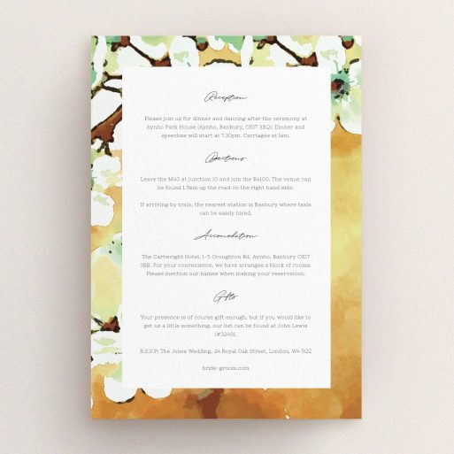 Wedding Information Sheet Design - "Vintage Blossom" A wedding information sheet design named "Vintage Blossom". It is an A5 card in a portrait orientation. "Vintage Blossom" is available as a flat card, with tones of light brown and mint green.