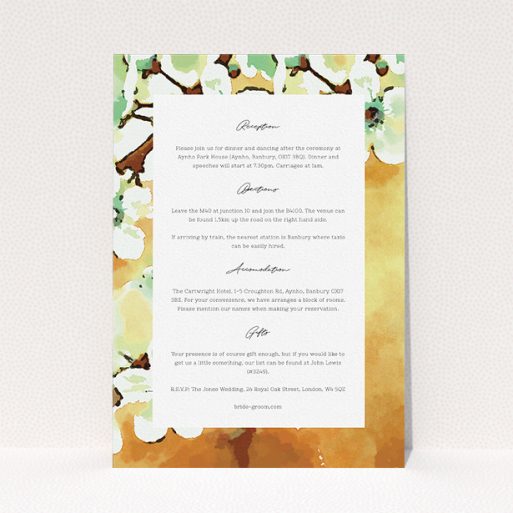 A wedding information sheet design named "Vintage Blossom". It is an A5 card in a portrait orientation. "Vintage Blossom" is available as a flat card, with tones of light brown and mint green.