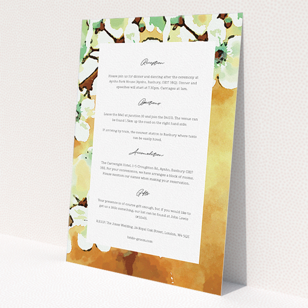 A wedding information sheet design named 'Vintage Blossom'. It is an A5 card in a portrait orientation. 'Vintage Blossom' is available as a flat card, with tones of light brown and mint green.