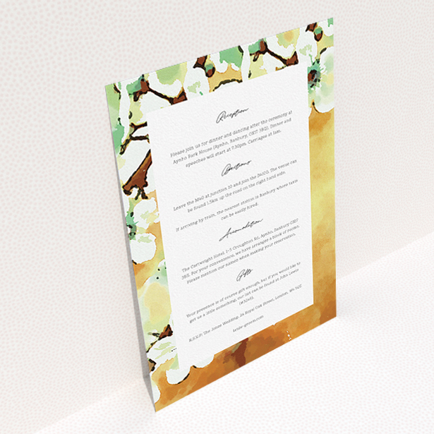 A wedding information sheet design named "Vintage Blossom". It is an A5 card in a portrait orientation. "Vintage Blossom" is available as a flat card, with tones of light brown and mint green.